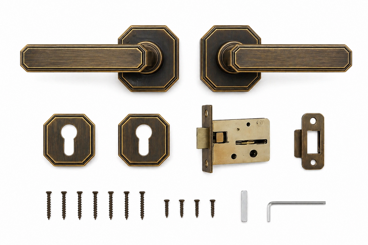 Mayfair Octagon Brass Door Handle Lock Set | Privacy Lever Handle