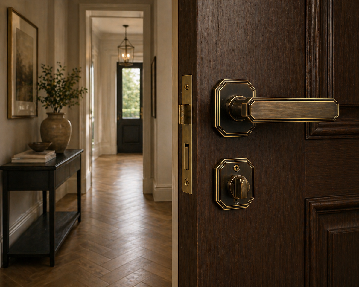 Mayfair Octagon Brass Door Handle Lock Set | Privacy Lever Handle