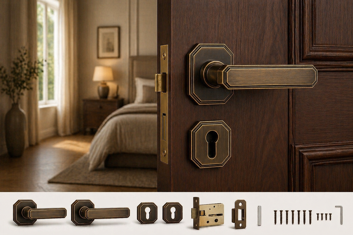 Mayfair Octagon Brass Door Handle Lock Set | Privacy Lever Handle