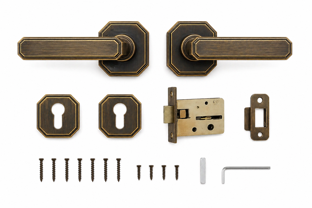 Mayfair Octagon Brass Door Handle Lock Set | Privacy Lever Handle