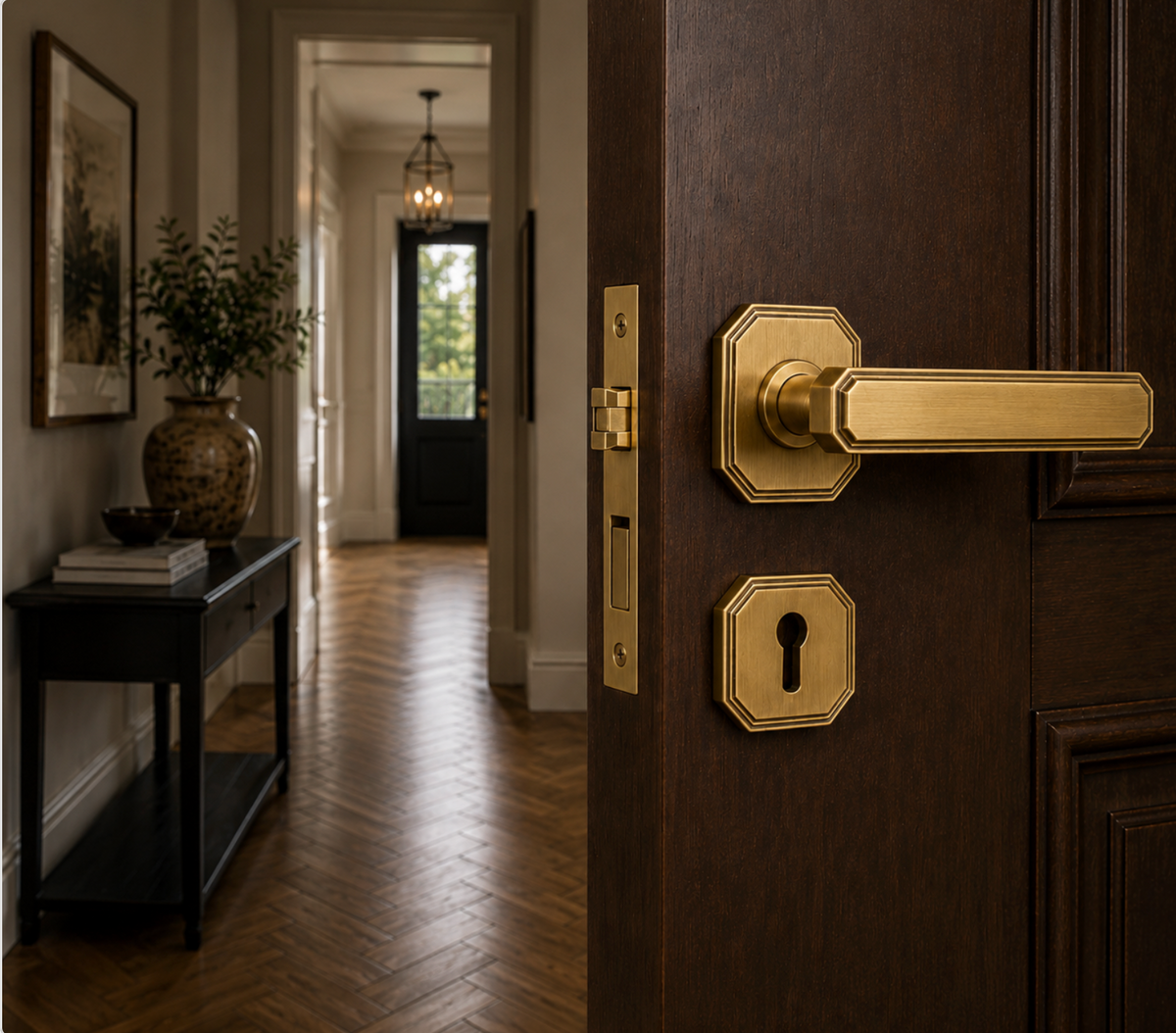 Mayfair Octagon Brass Door Handle Lock Set | Privacy Lever Handle