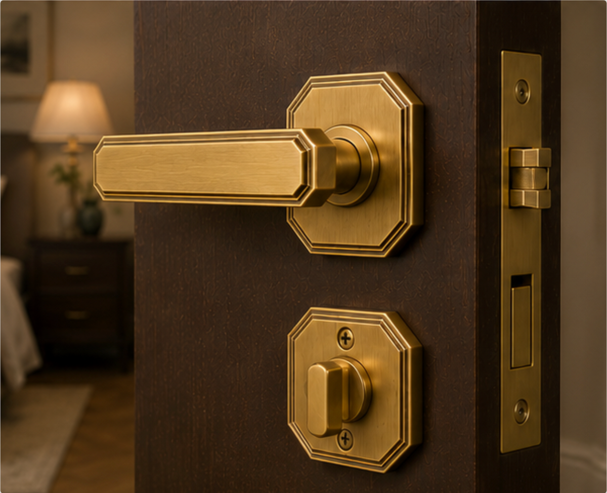 Mayfair Octagon Brass Door Handle Lock Set | Privacy Lever Handle